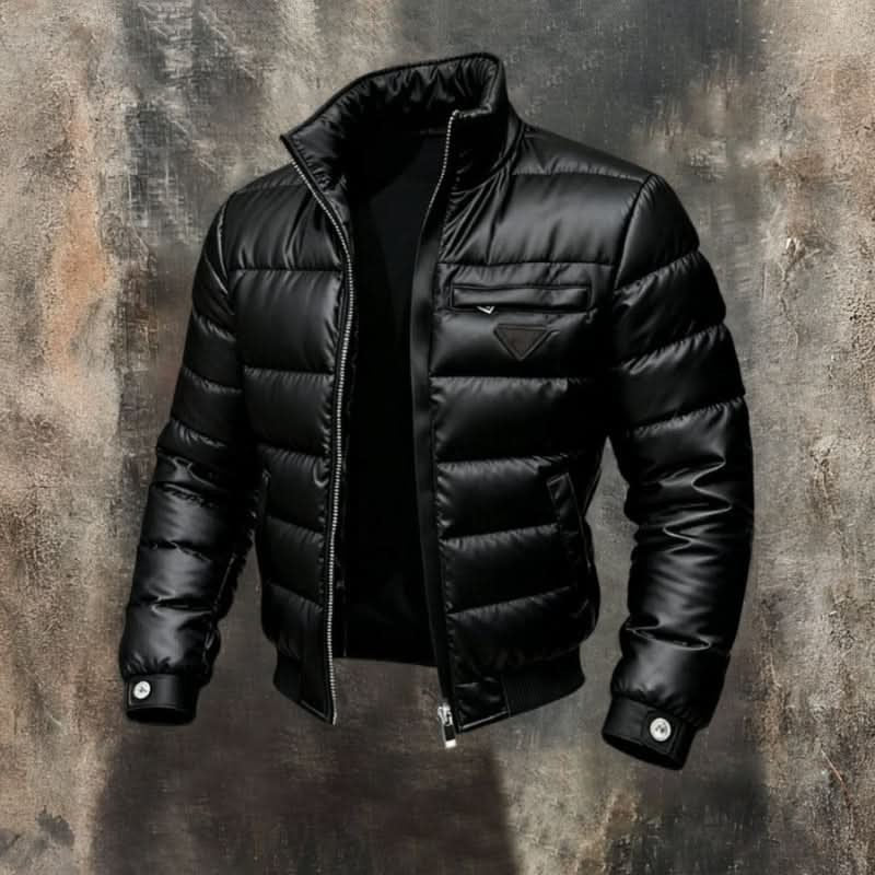 Men's black quilted puffer jacket with high collar and front zip