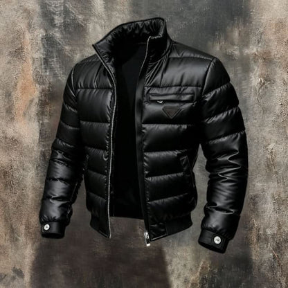 Men's black quilted puffer jacket with high collar and front zip