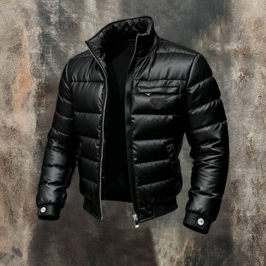Men's black quilted puffer jacket with high collar and front zip