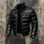 Men's black quilted puffer jacket with high collar and front zip