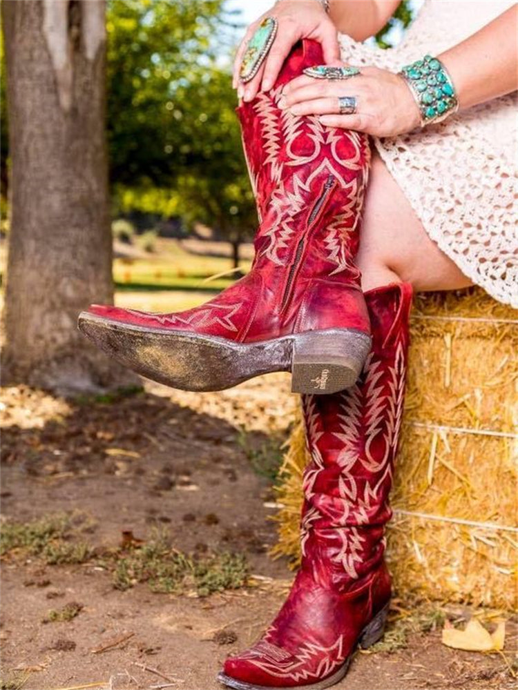 Embroidered knee-high Western cowboy boots