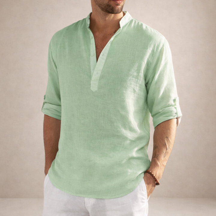 Men's Grandad Collar Shirt, Half Placket, Long Sleeve