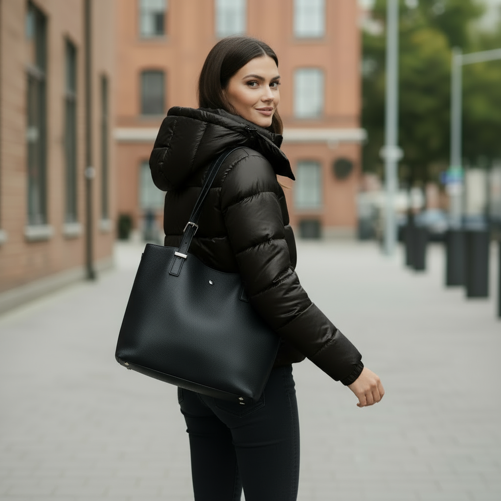 Hooded quilted puffer jacket with glossy finish and long sleeves