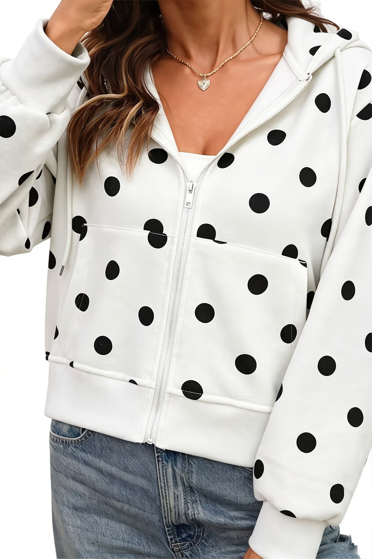 Cropped polka dot hoodie with hood and front zip fastening
