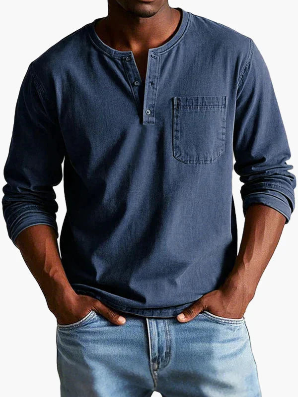 Men's long-sleeve Henley shirt with round neckline, button placket and chest pocket