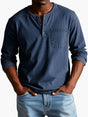 Men's long-sleeve Henley shirt with round neckline, button placket and chest pocket