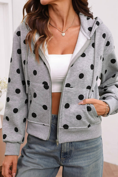 Cropped polka dot hoodie with hood and front zip fastening