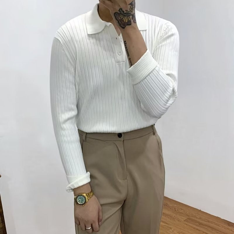 Men's ribbed long-sleeve polo sweater with collared neckline and button placket