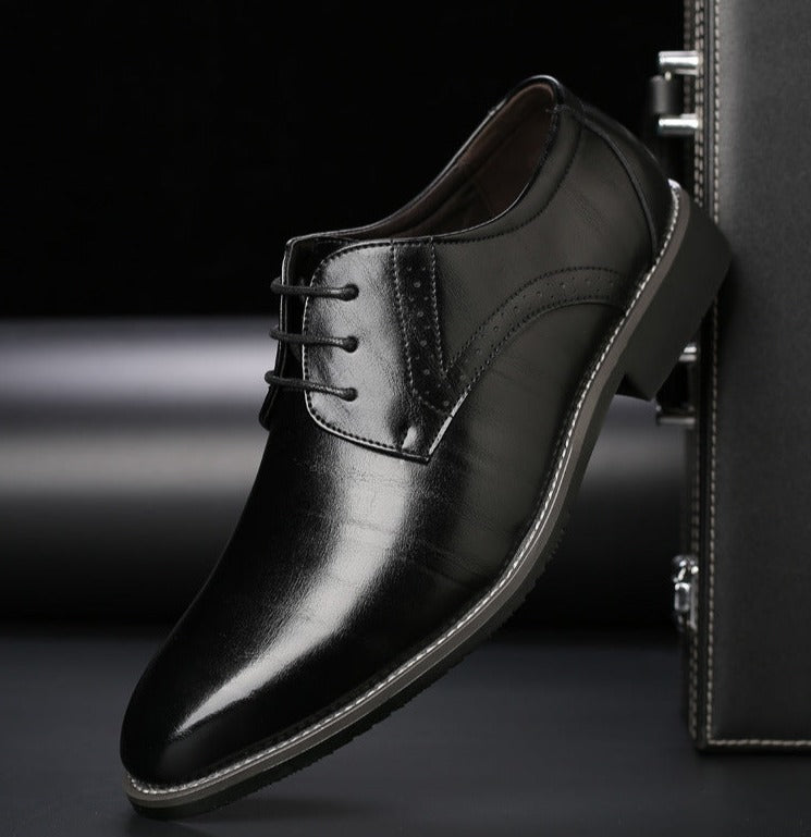 Men's pointed-toe lace-up dress shoes with a low heel