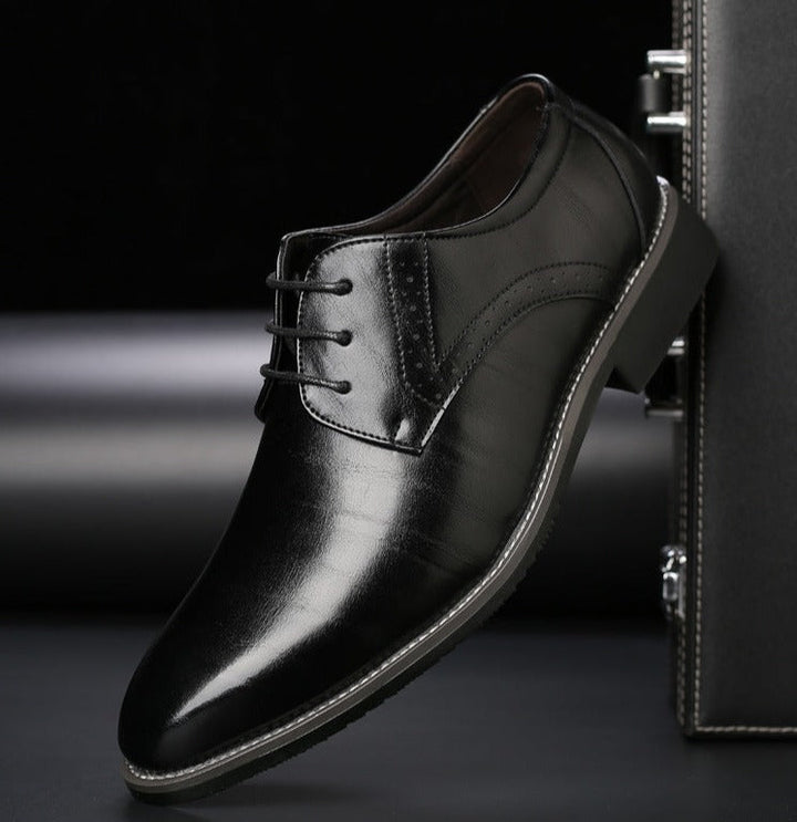 Men's pointed-toe lace-up dress shoes with a low heel