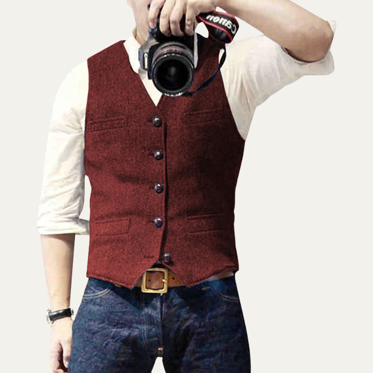 Men's button-up waistcoat with V-neckline and front pockets
