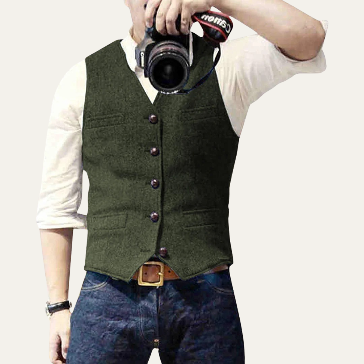 Men's button-up waistcoat with V-neckline and front pockets