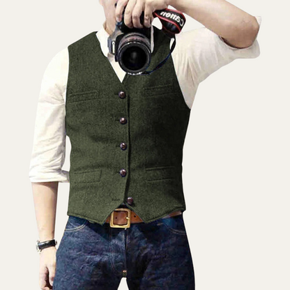 Men's button-up waistcoat with V-neckline and front pockets