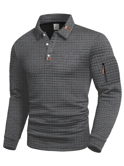 Men's long-sleeve quilted polo shirt with button placket and zipped sleeve pocket