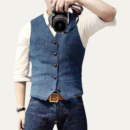 Men's button-up waistcoat with V-neckline and front pockets