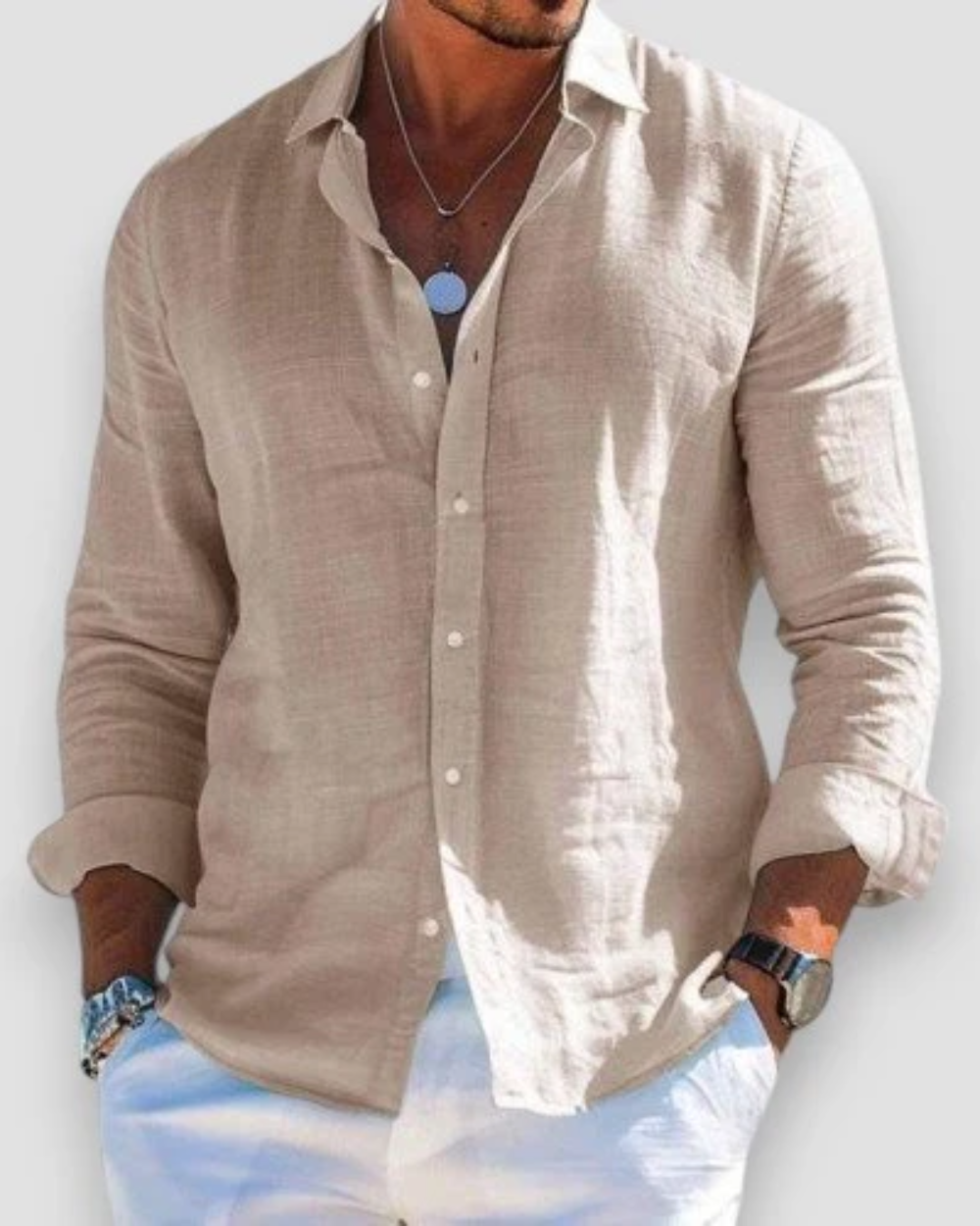 Men's long-sleeve button shirt with open collar and rolled cuffs