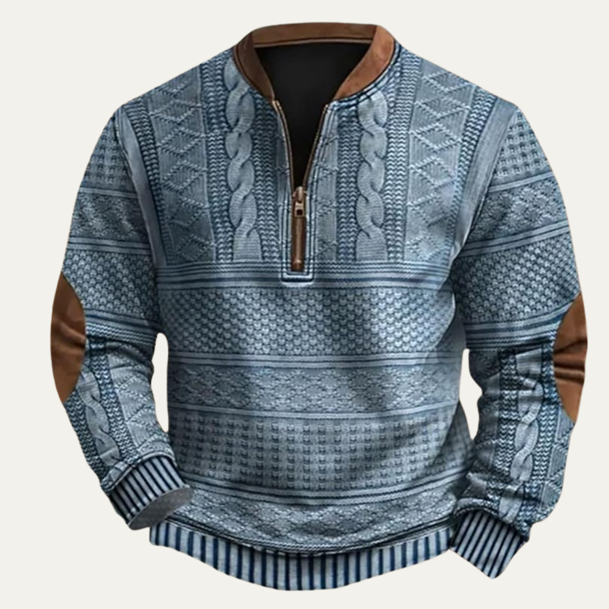Men's textured half-zip sweater with mock neck and contrasting elbow patches