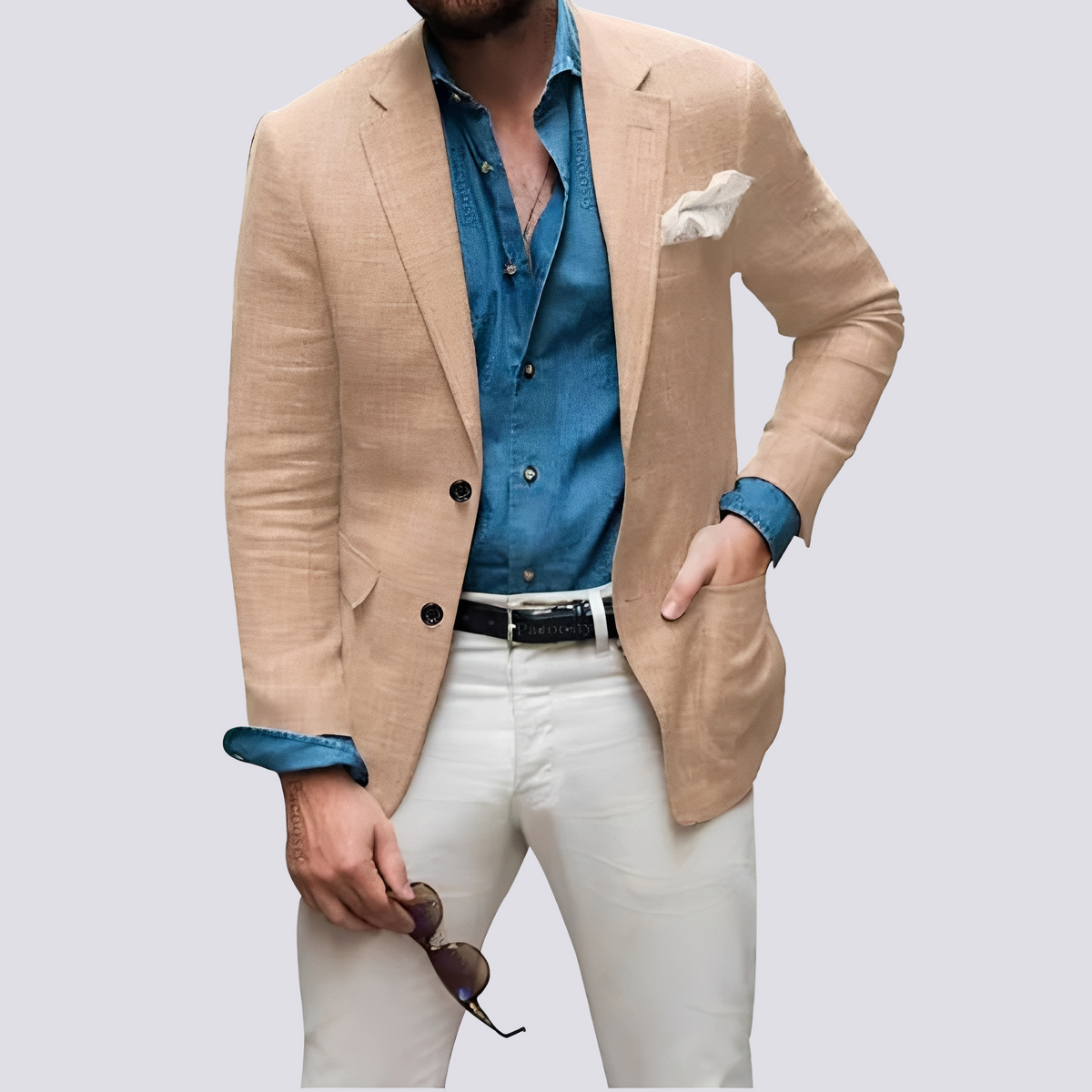 Men's button front blazer with notched lapels, long sleeves and flap pockets