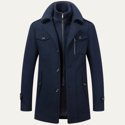 Men's long structured coat with stand collar, zip front, buttons and flap pockets