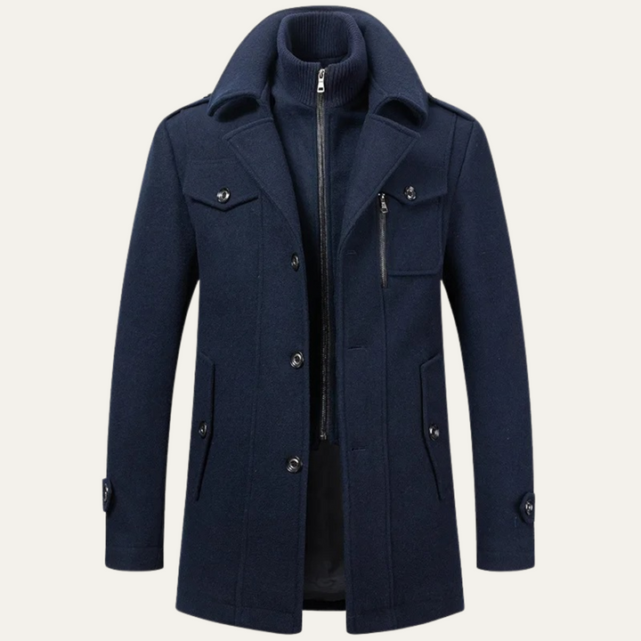 Men's long structured coat with stand collar, zip front, buttons and flap pockets