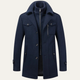 Men's long structured coat with stand collar, zip front, buttons and flap pockets