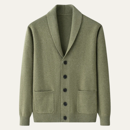 Men's shawl collar button cardigan with long sleeves, ribbed trims and front pockets
