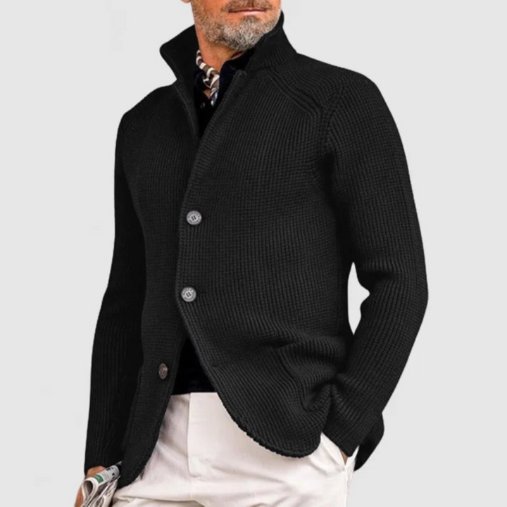 Men's knit cardigan with stand collar, buttons and patch pockets