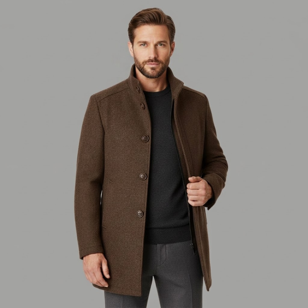 Men's long patterned overcoat with stand collar and button front