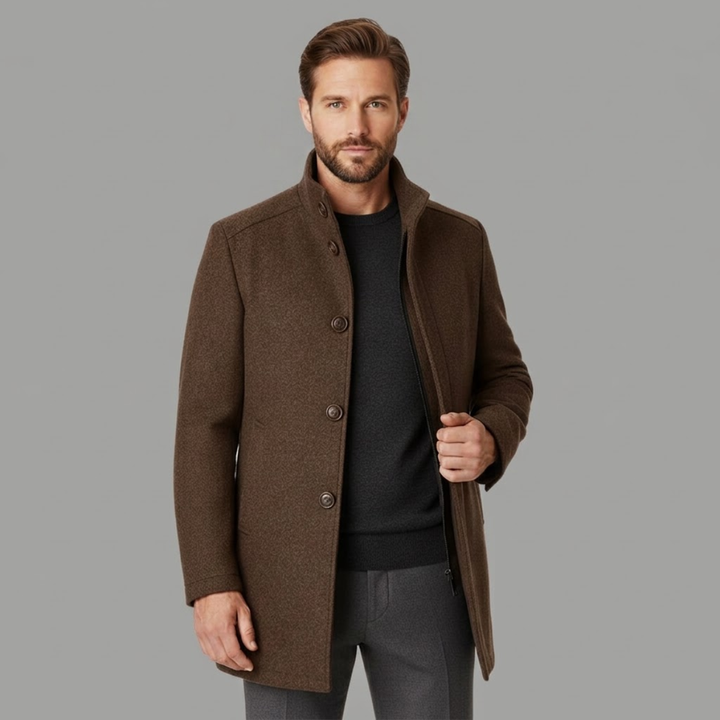 Men's long patterned overcoat with stand collar and button front