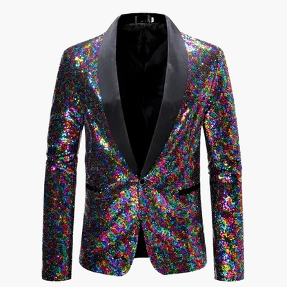 Men's geometric diamond sequin blazer with peaked lapels and long sleeves