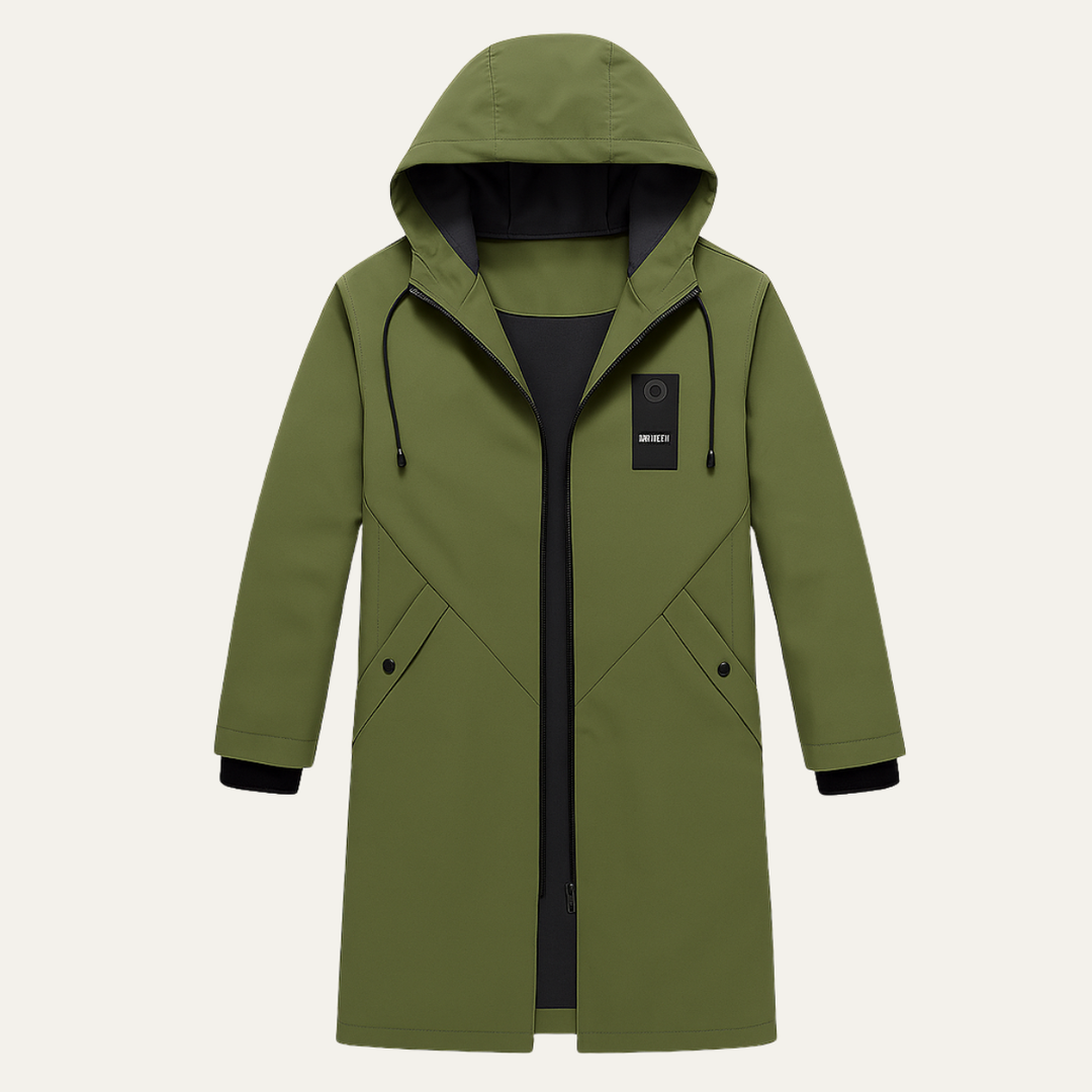 Men's long hooded rain jacket with zip front and covered pockets