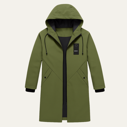 Men's long hooded rain jacket with zip front and covered pockets