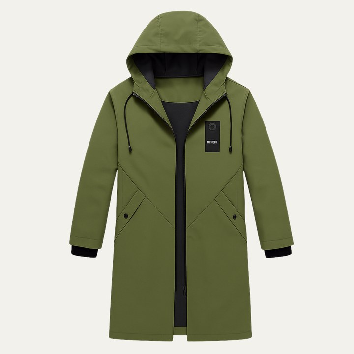 Men's long hooded rain jacket with zip front and covered pockets