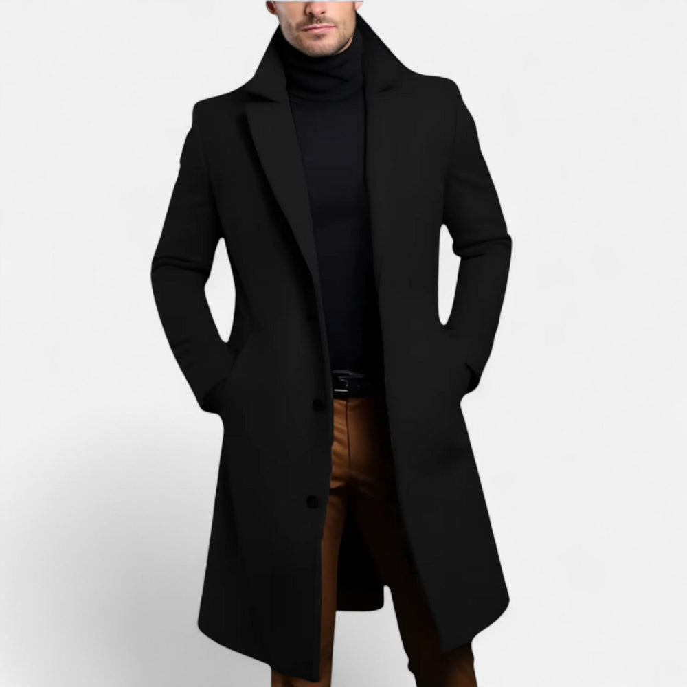 Men's long coat with notched lapels, button front and side pockets