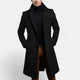 Men's long coat with notched lapels, button front and side pockets