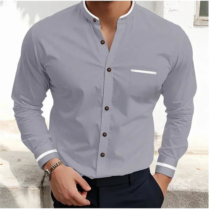 Men's purple grandad collar shirt with white contrast cuff trim and chest pocket
