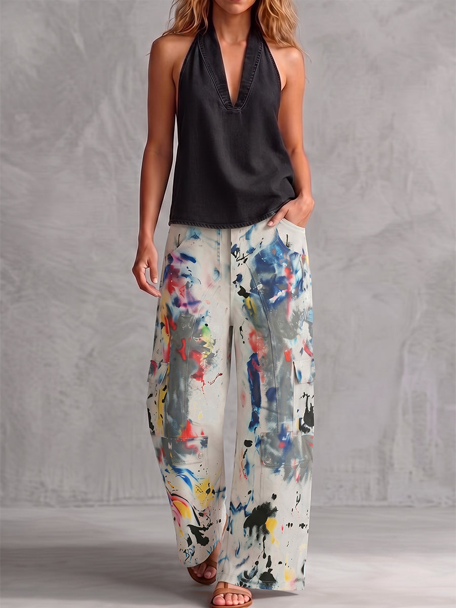 Women's high waisted wide leg jean with graffiti print in light grey
