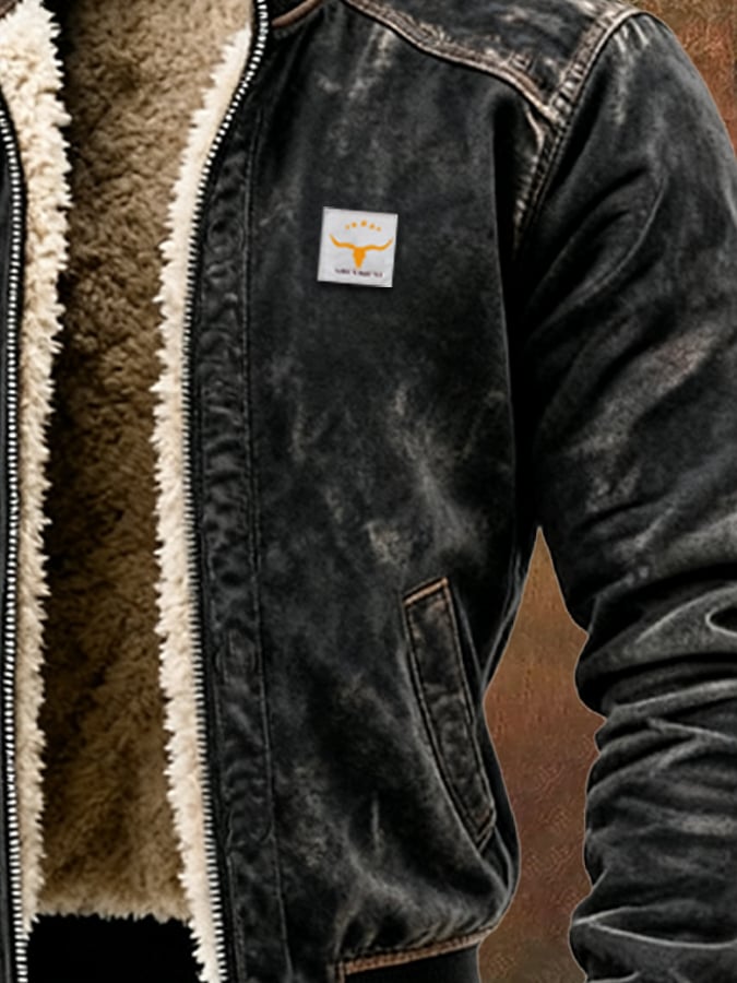 Warm-lined men's aviator jacket with stand collar, zip front and ribbed trims