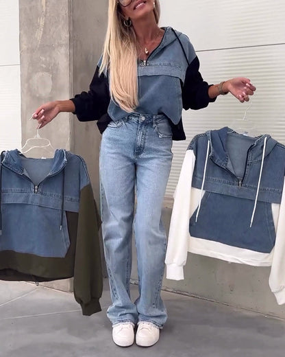 Denim patchwork zip hoodie