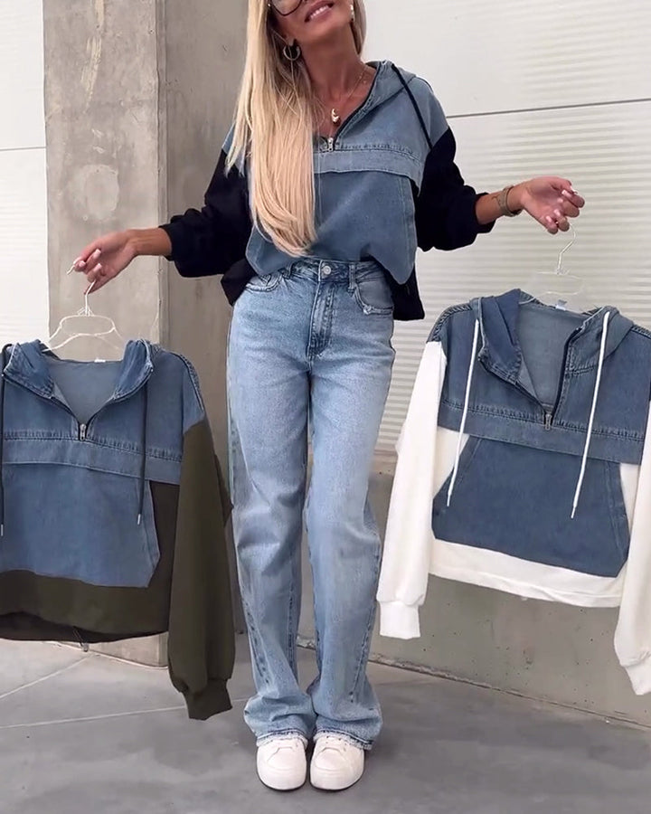 Denim patchwork zip hoodie