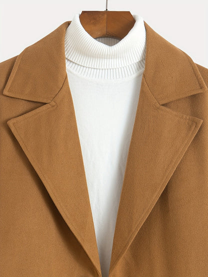 Men's tailored longline trench coat with lapels, buttons and angled side pockets