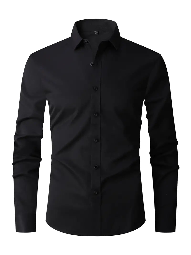 Men's fitted long sleeve shirt with point collar and button front in white