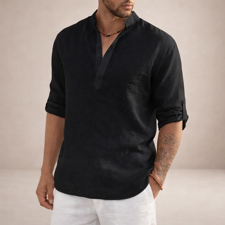 Men's Grandad Collar Shirt, Half Placket, Long Sleeve