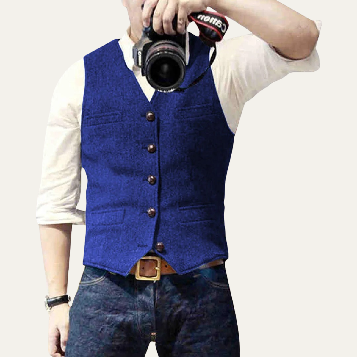 Men's button-up waistcoat with V-neckline and front pockets