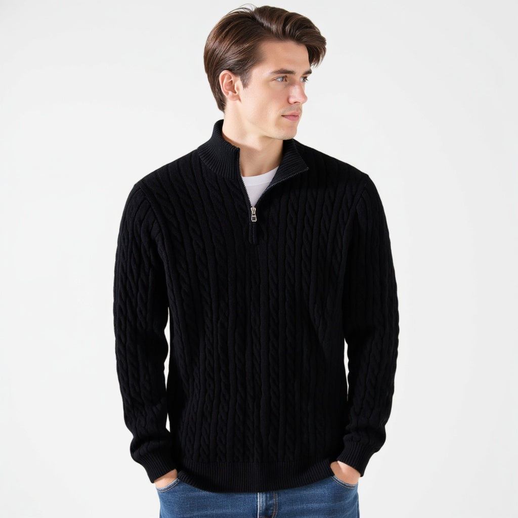Pack of five men's cable-knit quarter-zip sweaters displayed on hangers in black, navy, white, cream and light blue