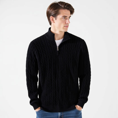 Pack of five men's cable-knit quarter-zip sweaters displayed on hangers in black, navy, white, cream and light blue