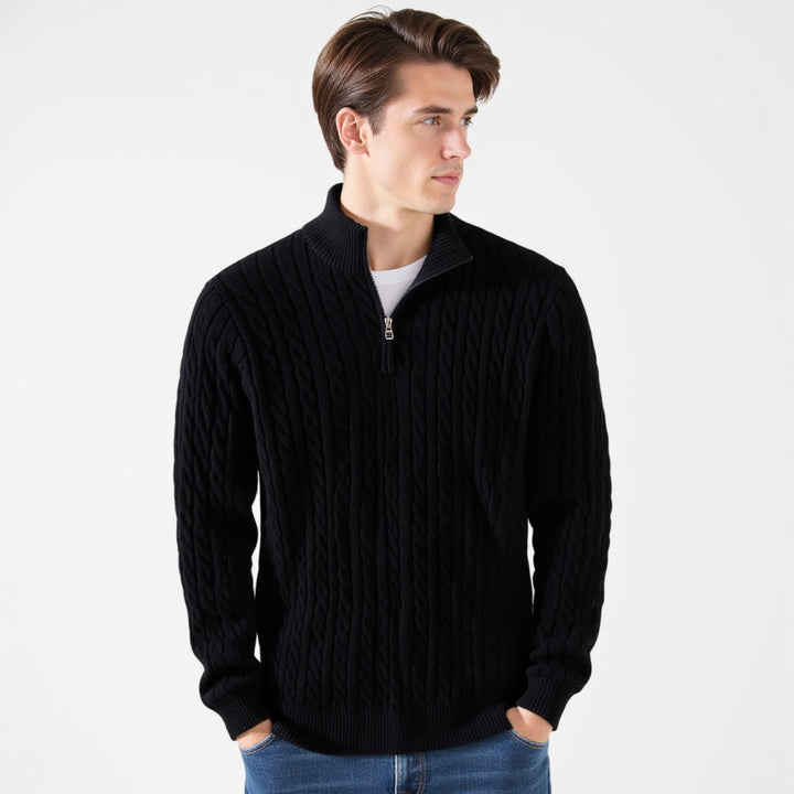 Pack of five men's cable-knit quarter-zip sweaters displayed on hangers in black, navy, white, cream and light blue