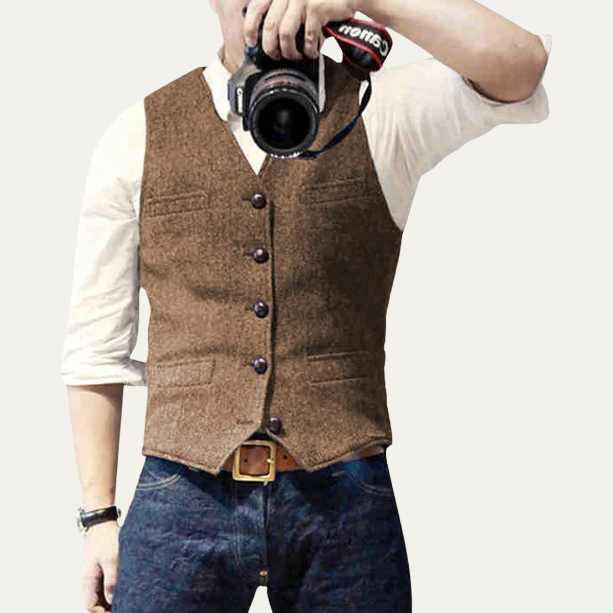 Men's button-up waistcoat with V-neckline and front pockets