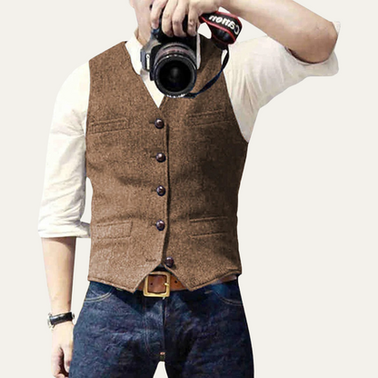 Men's button-up waistcoat with V-neckline and front pockets