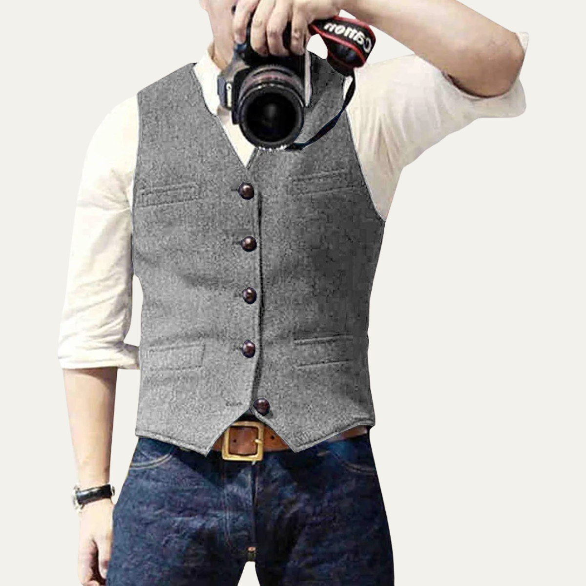 Men's button-up waistcoat with V-neckline and front pockets